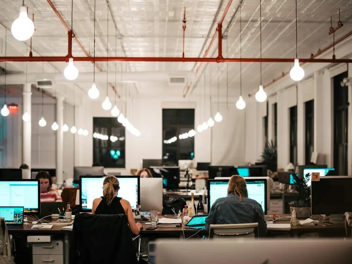An open plan office with team members working at computer screens
