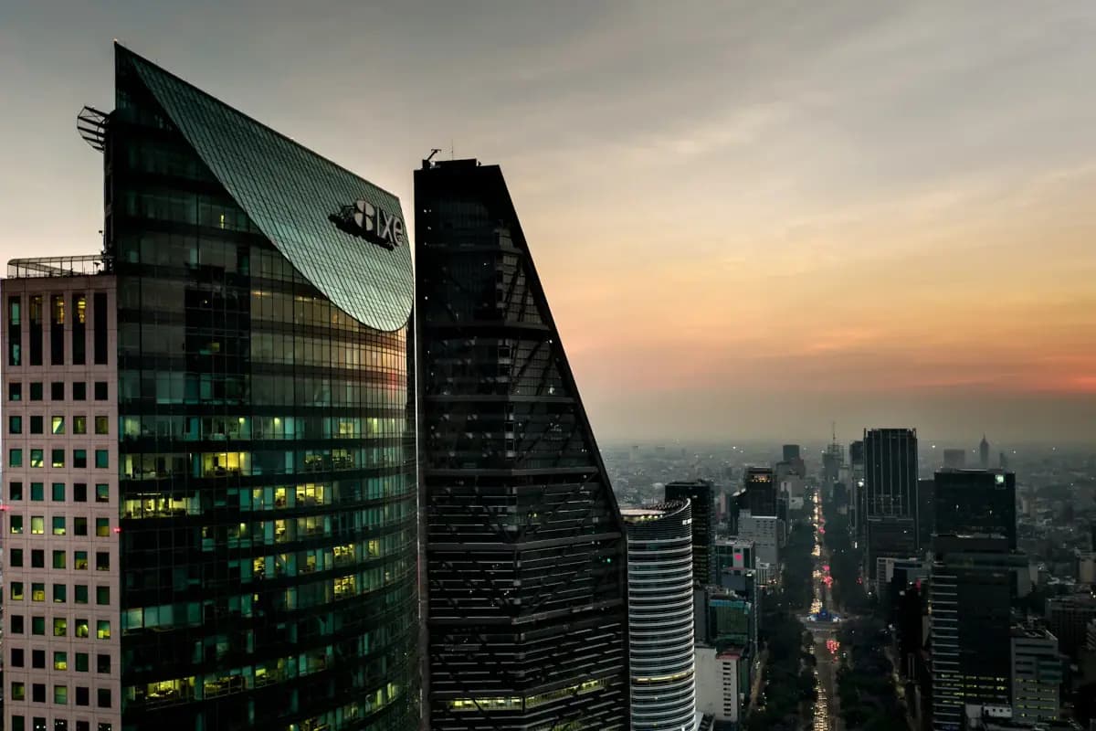 Glass office towers in Mexico at sunset