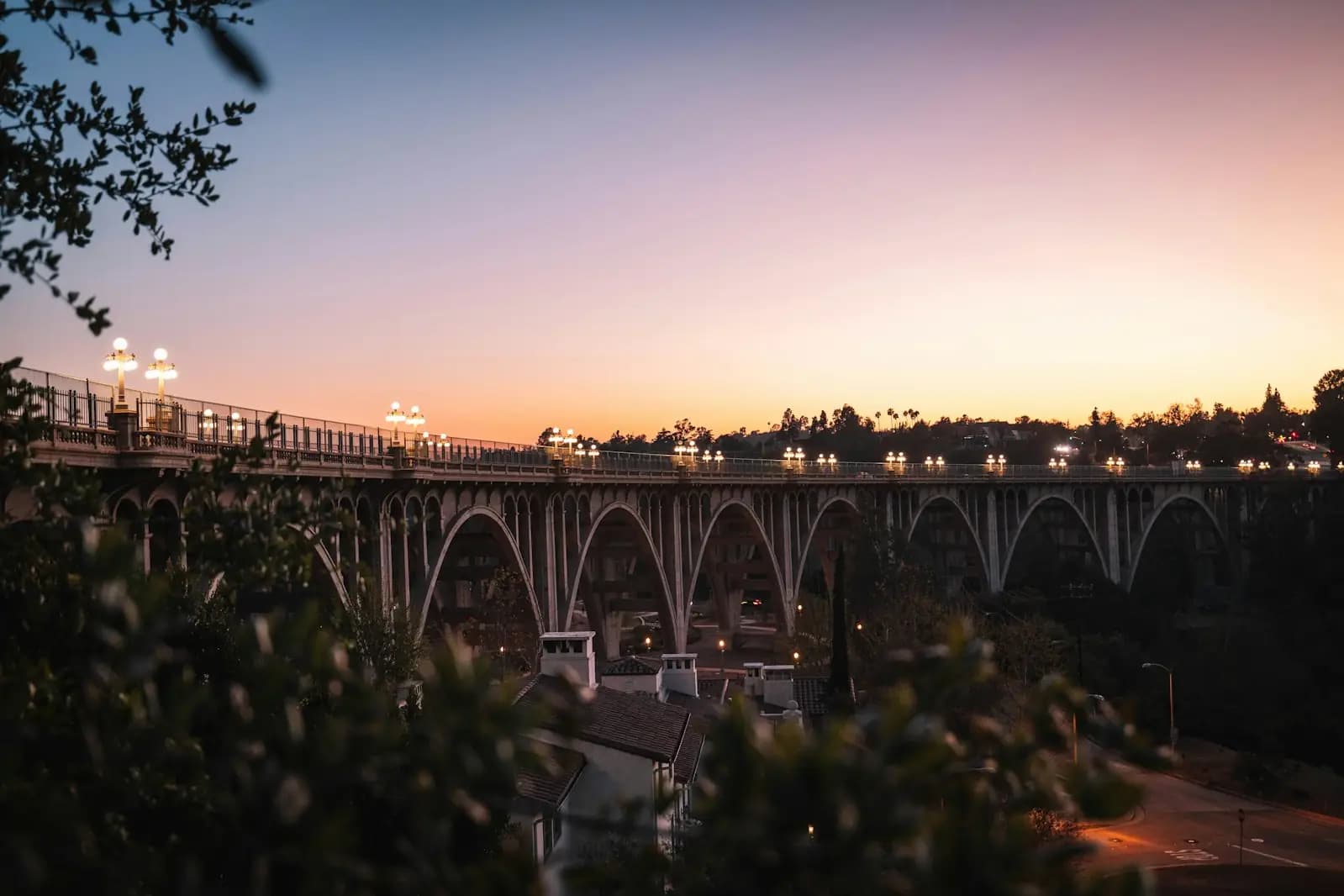 The Colorado Street Bridge in Pasadena at dusk