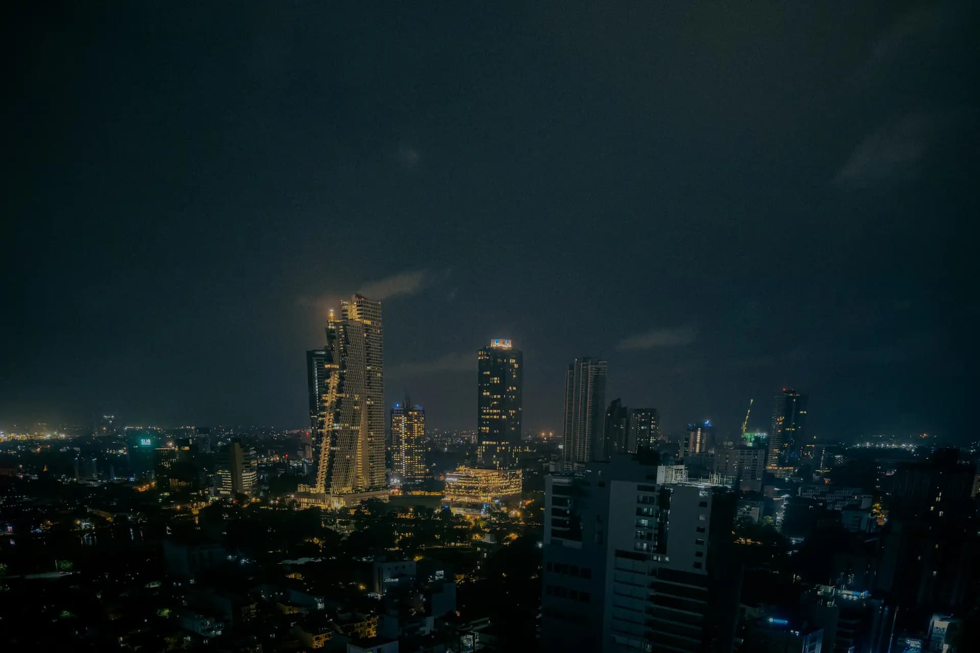 A Sri Lankan city skyline lit up at night